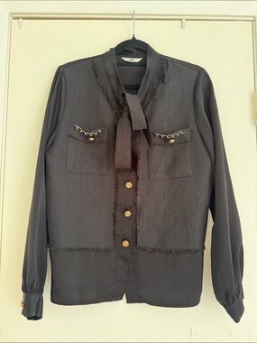 J Ing Black Bow-Neck Buttoned Tweed-Panel Blouse with Gold Accents size S